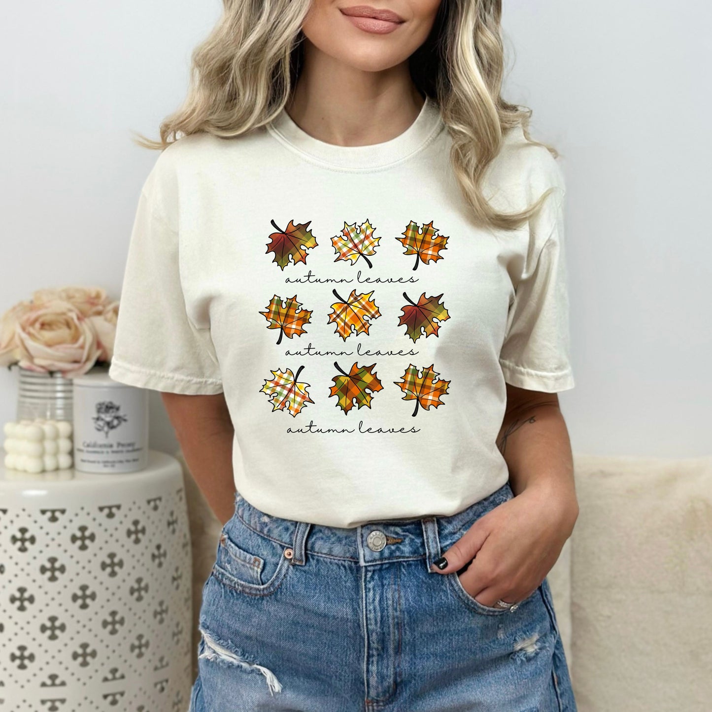 Autumn Leaves Comfort Colors T-Shirt With Plaid Leaves