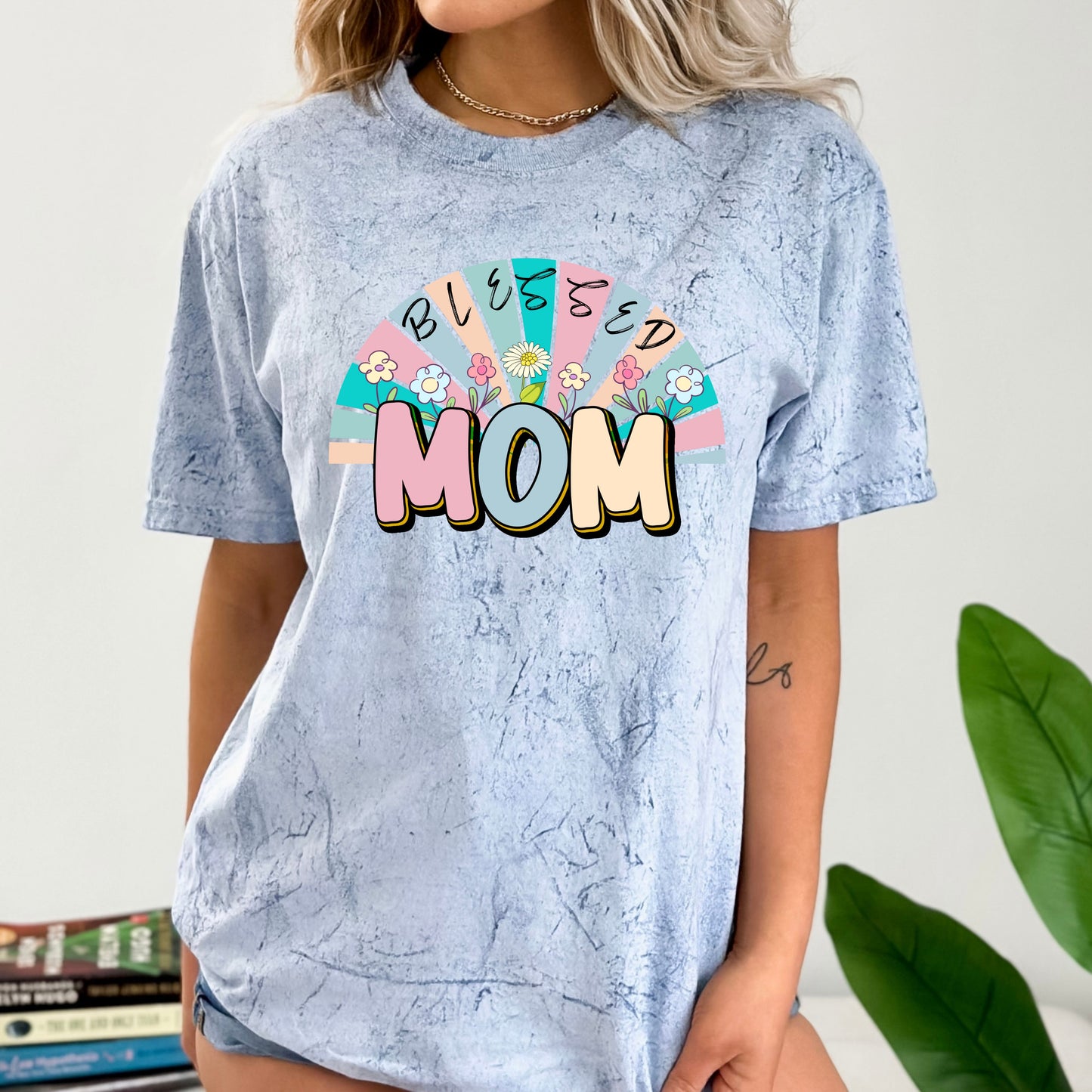 Blessed Mom Rainbow Floral Color Blast T-Shirt