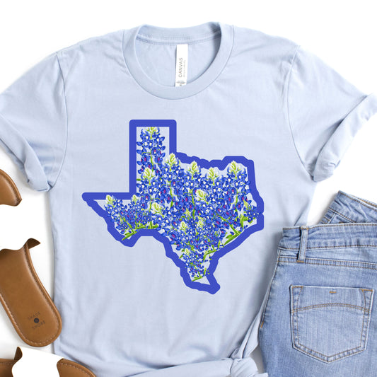 Texas with Bluebonnets Jersey Short Sleeve Tee, Bluebonnets Tshirt, Inspirational Tshirt, Inspiring Shirt, Gifts for Her, Mother's Day Gift