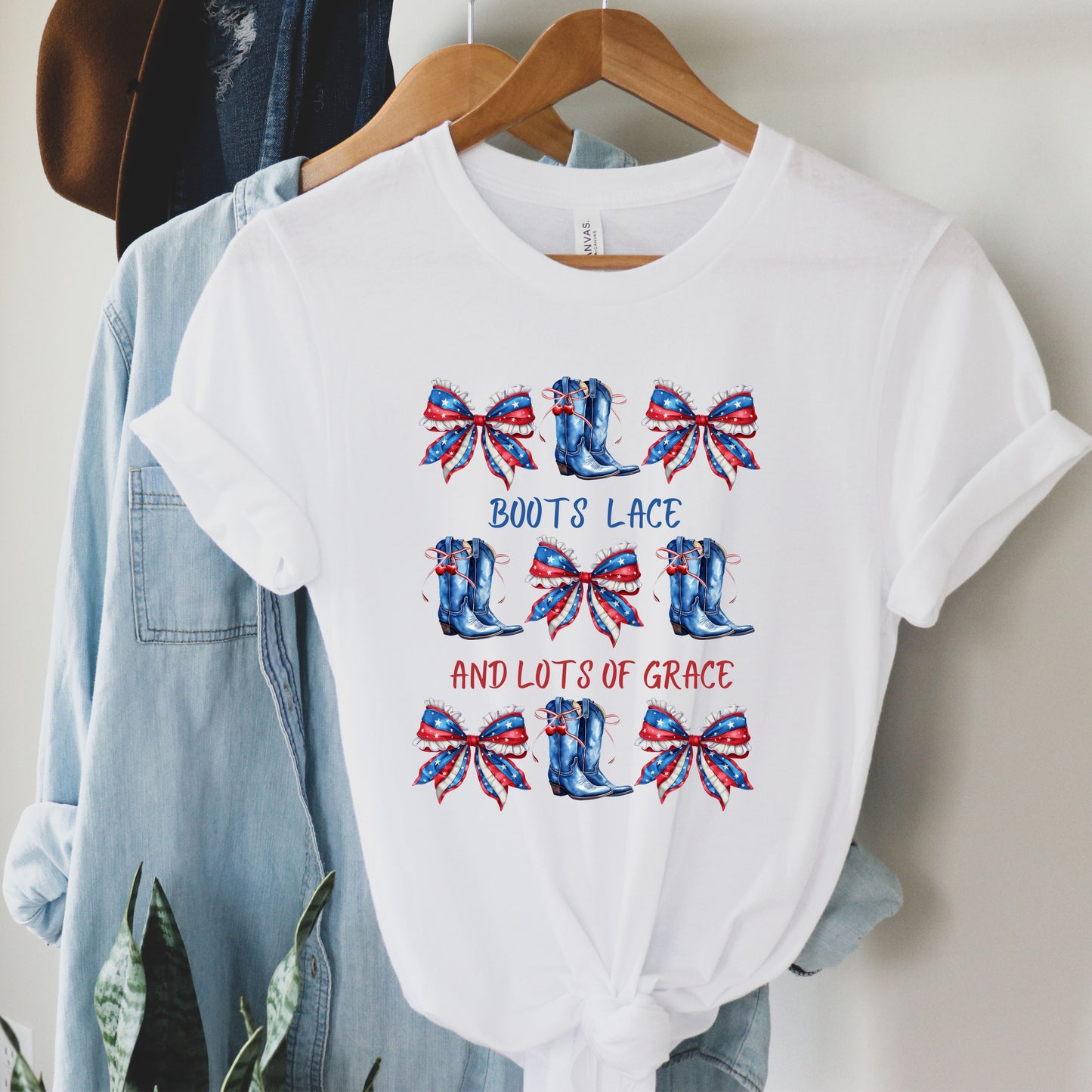 Boots Lace & Lots of Grade T-Shirt With Red White and Blue Bows and Boots