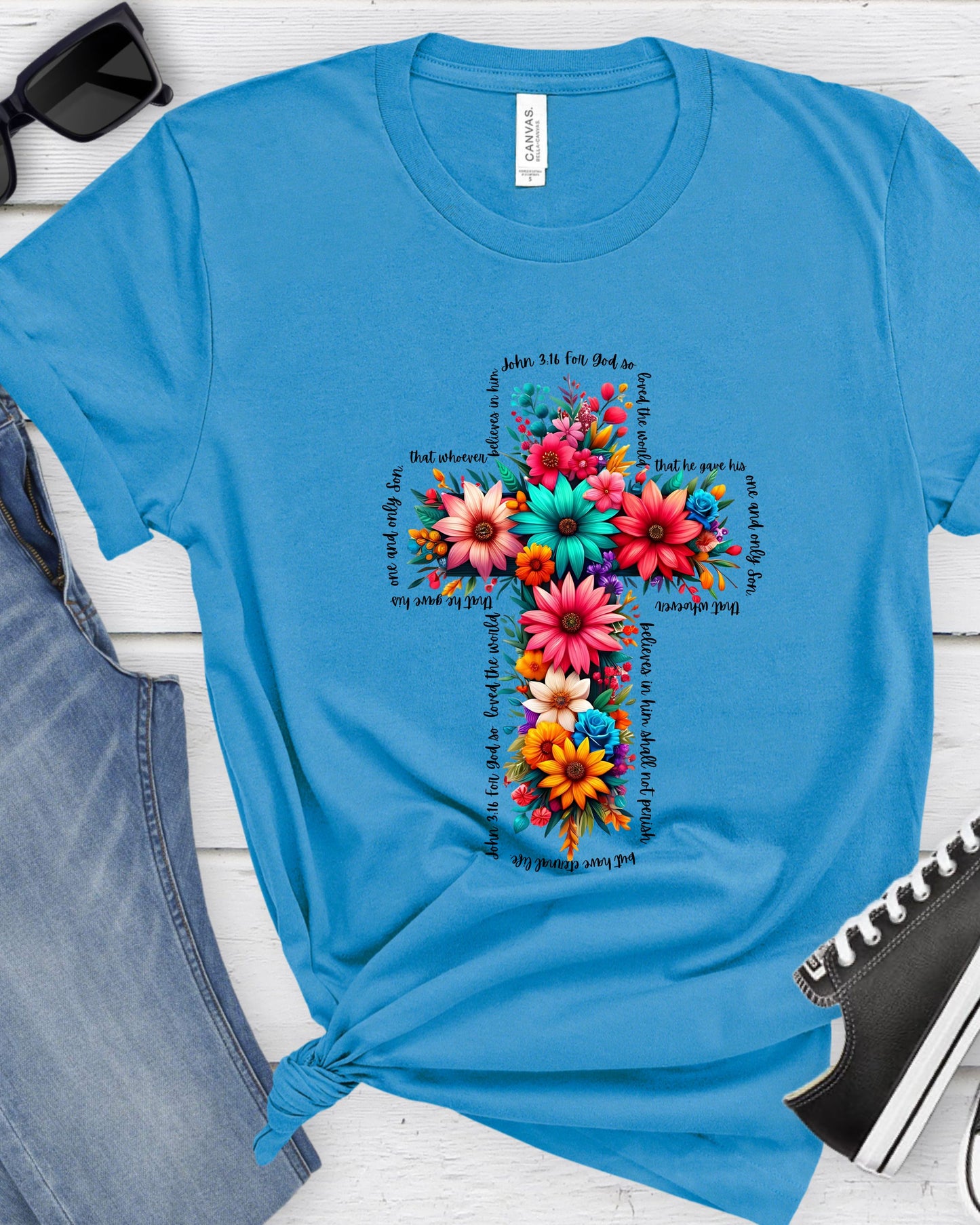 Floral Cross with John 3:16 written around the Cross T-Shirt