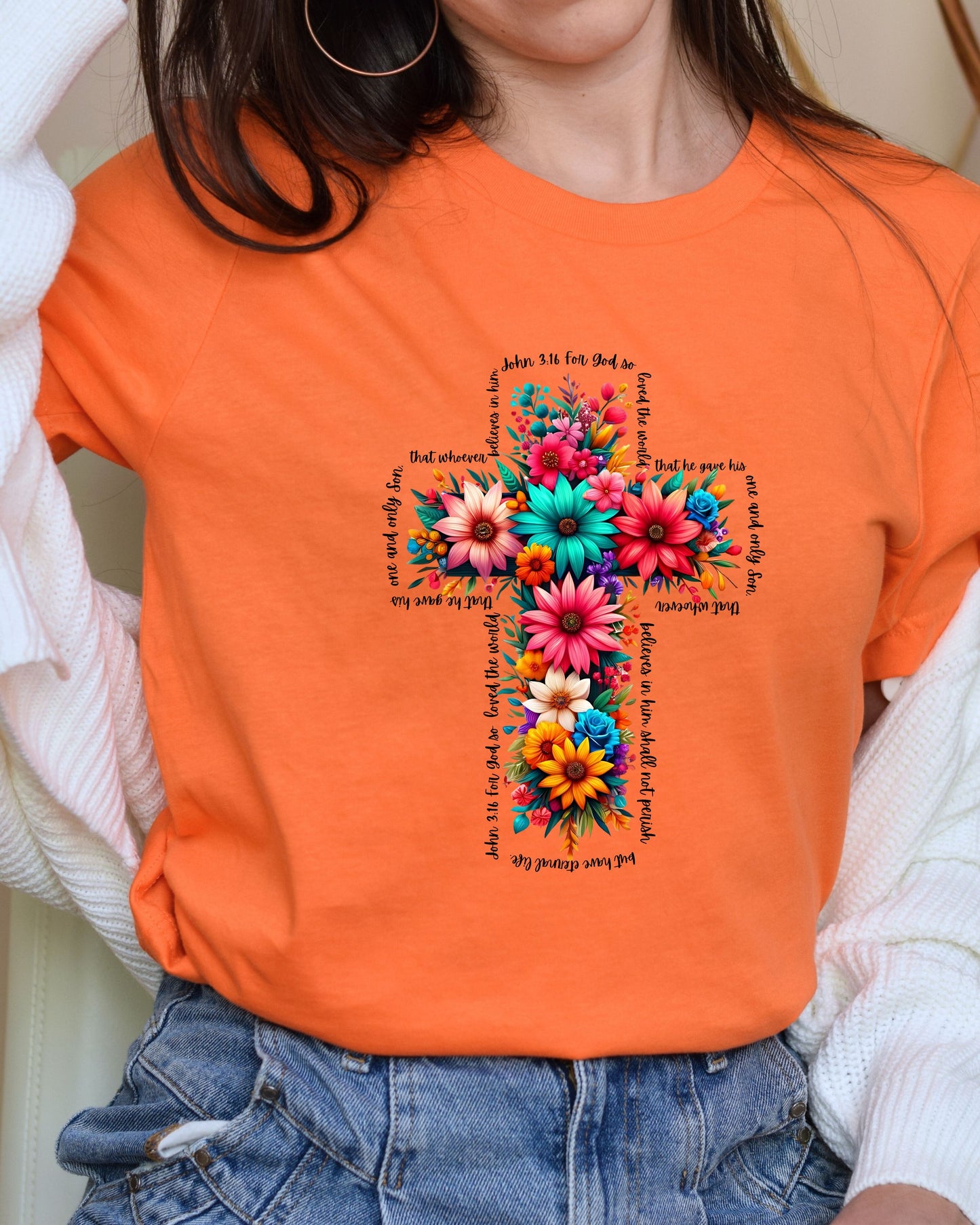 Floral Cross with John 3:16 written around the Cross T-Shirt