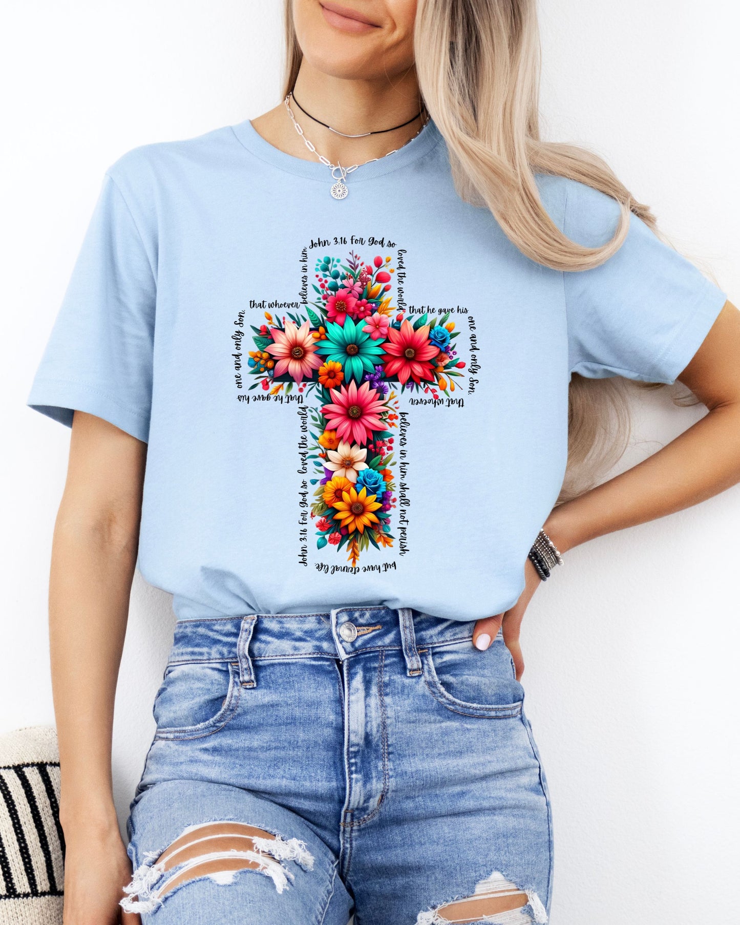 Floral Cross with John 3:16 written around the Cross T-Shirt