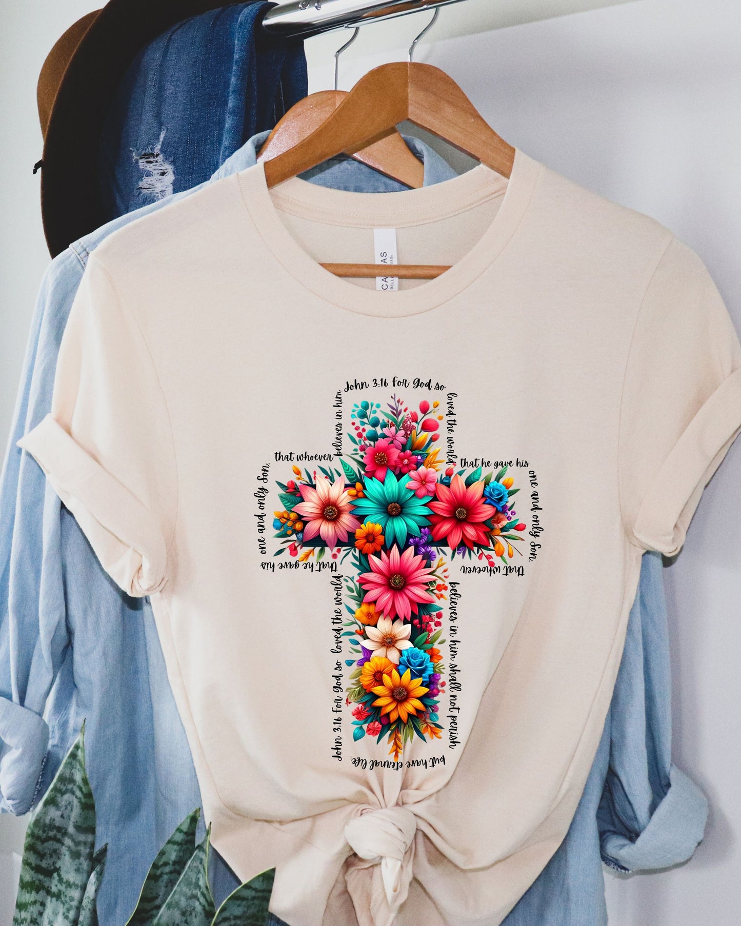 Floral Cross with John 3:16 written around the Cross T-Shirt