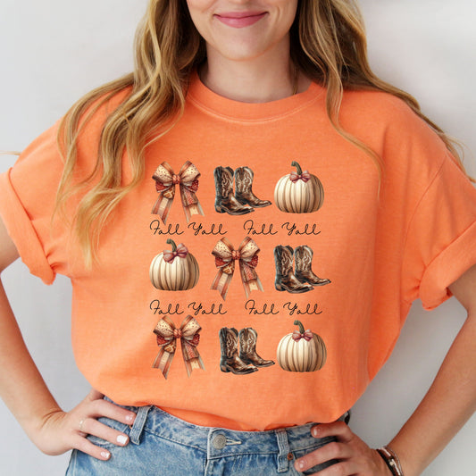 Fall Y'all Western Pumpkin Boots and Bows T-Shirt