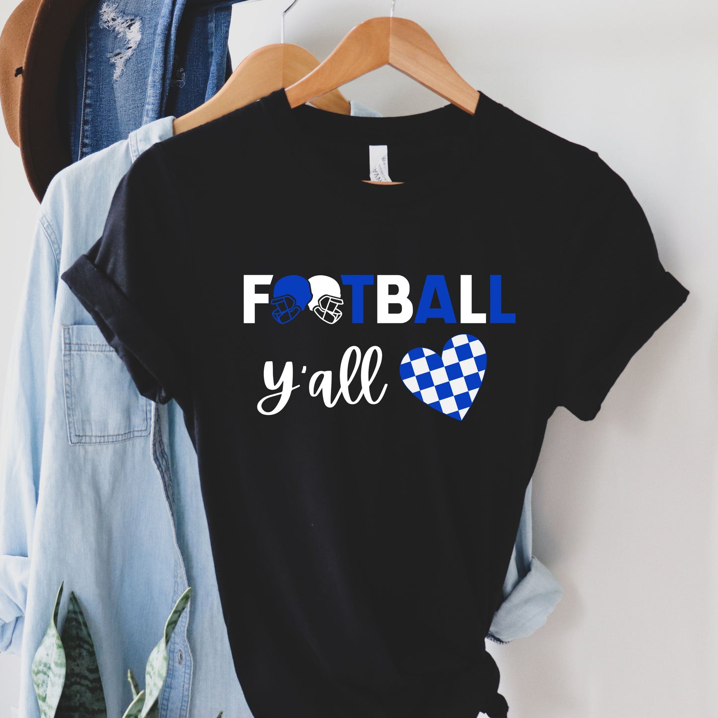 Blue and White Football Y'all Jersey Short Sleeve T-Shirt