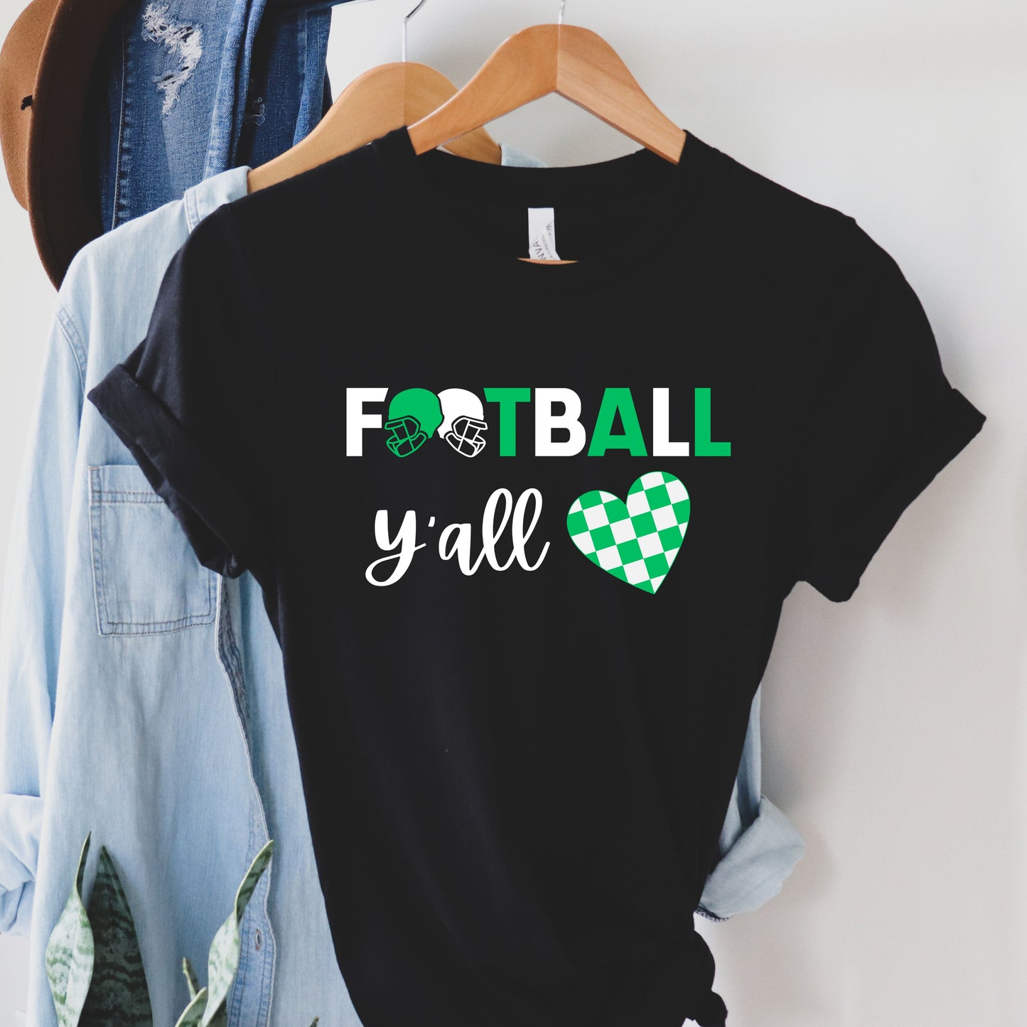 Green and White Football Yall Short Sleeve T-Shirt