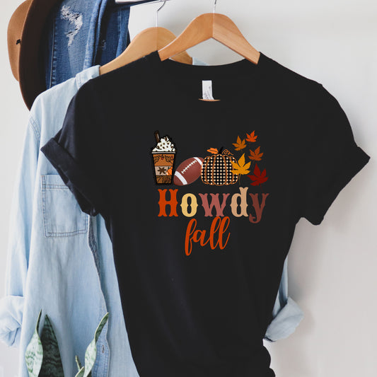 Howdy Fall T-shirt with Football Pumpkin Leaves