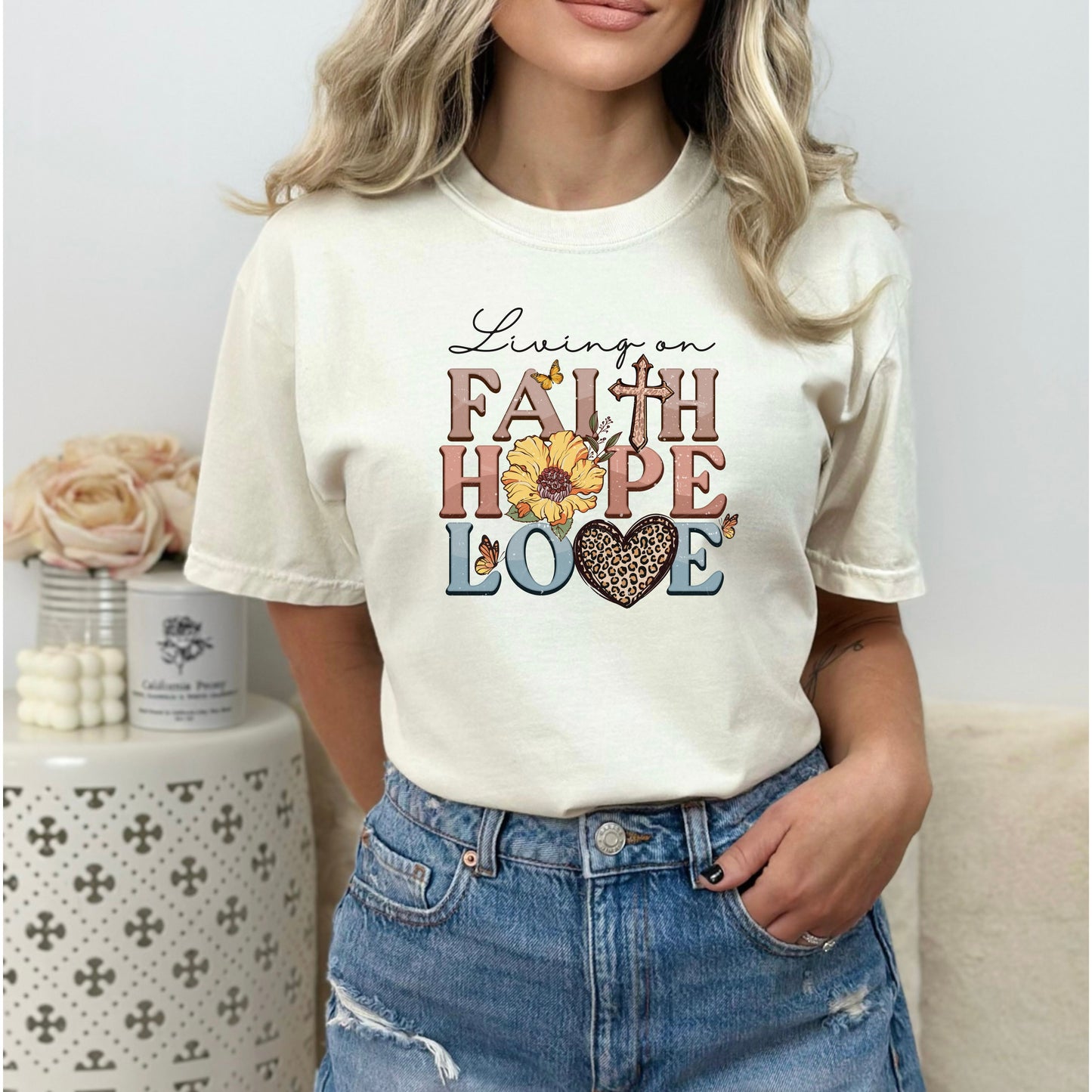 Living on Faith Hope Love T-shirt, Inspirational T-Shirt, Faith Hope Love Shirt, Religious T-Shirt, Gifts For Her, Gifts For Mom, Inspiring