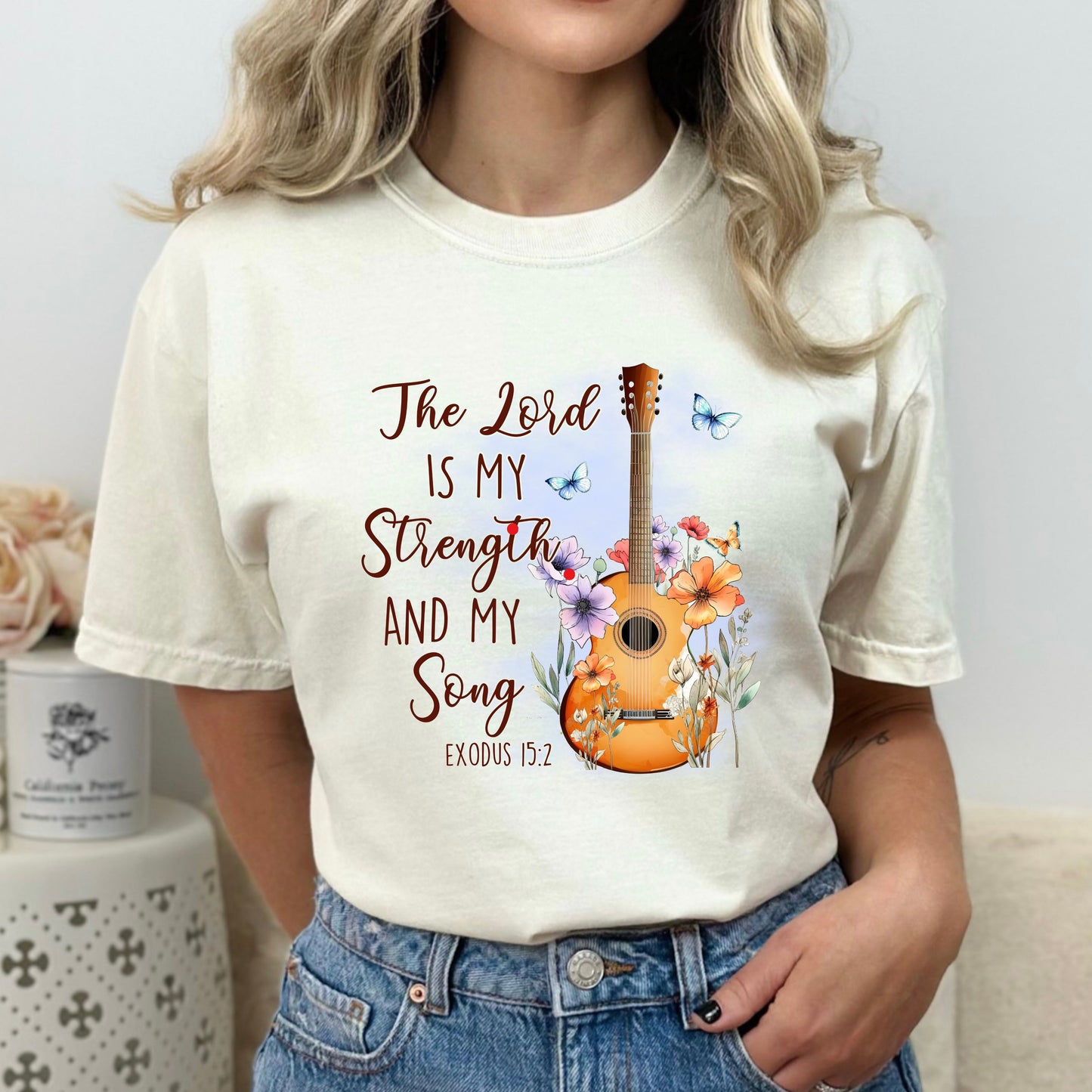Lovely T-shirt with Bible Verse Message, The Lord is My Strength and Song, Guitar, Religious T-Shirt, Christian T-Shirt, Gifts for Her
