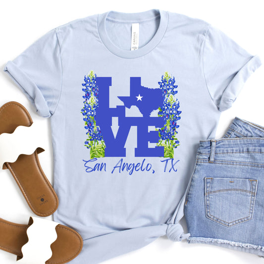 LOVE San Angelo TX Bluebonnet Short Sleeve Tee