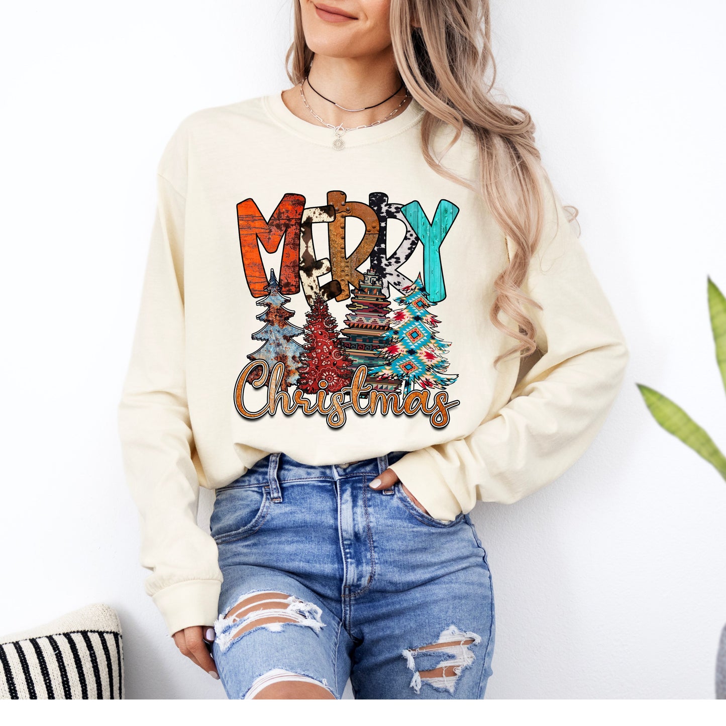 Merry Christmas Long Sleeve T-Shirt With Trees