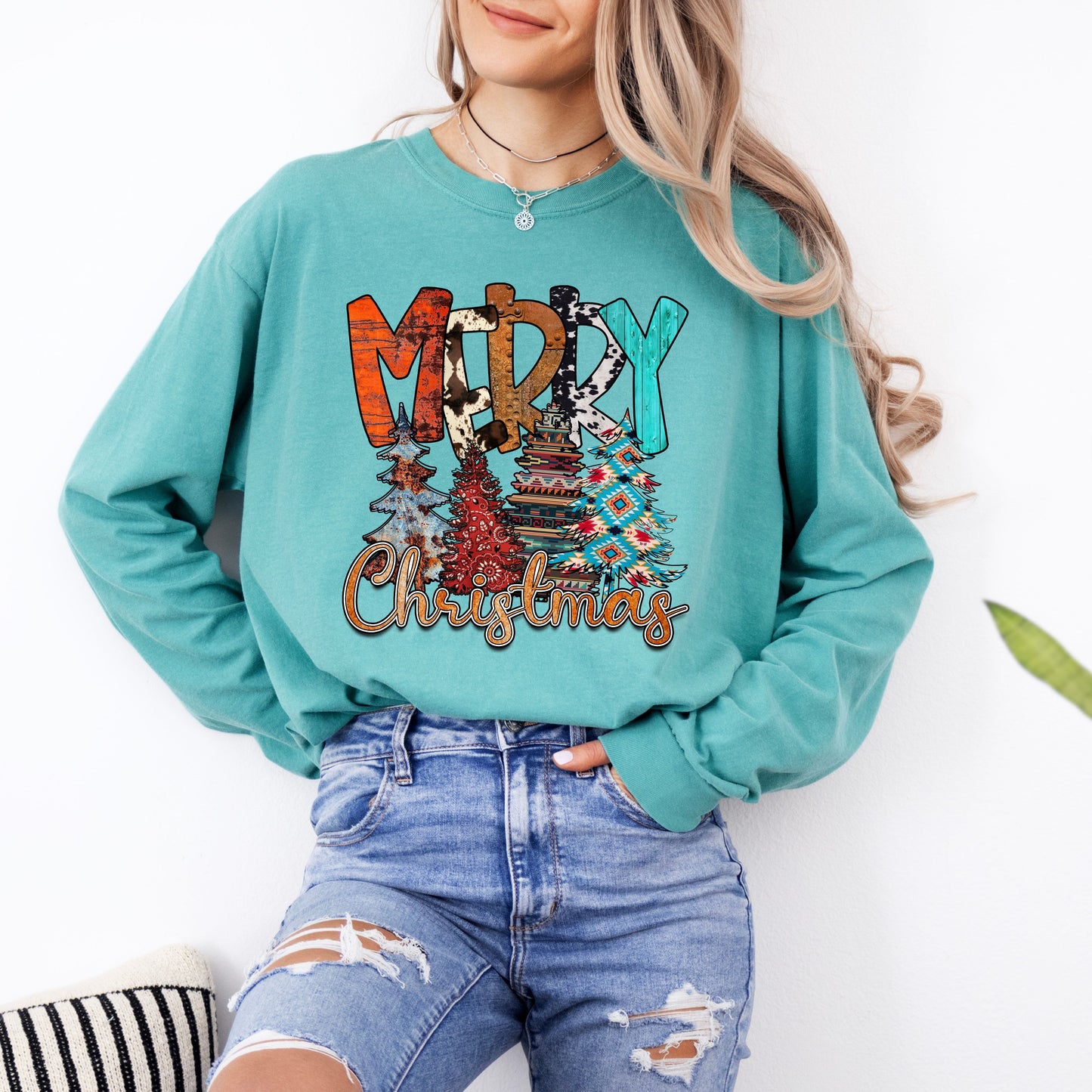 Merry Christmas Long Sleeve T-Shirt With Trees