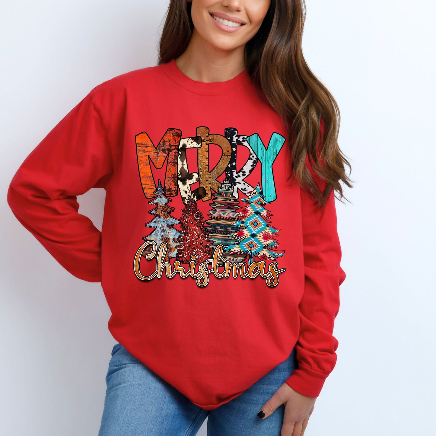 Merry Christmas Long Sleeve T-Shirt With Trees