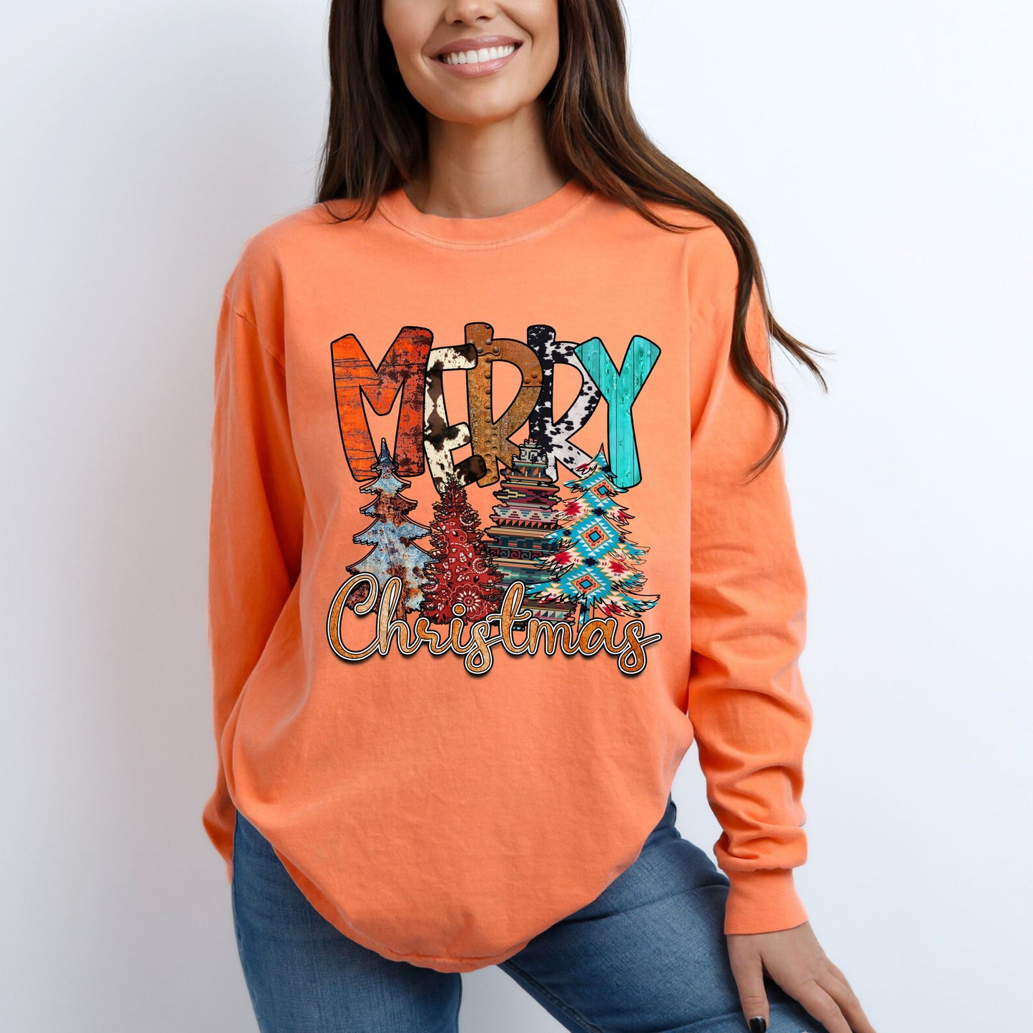 Merry Christmas Long Sleeve T-Shirt With Trees