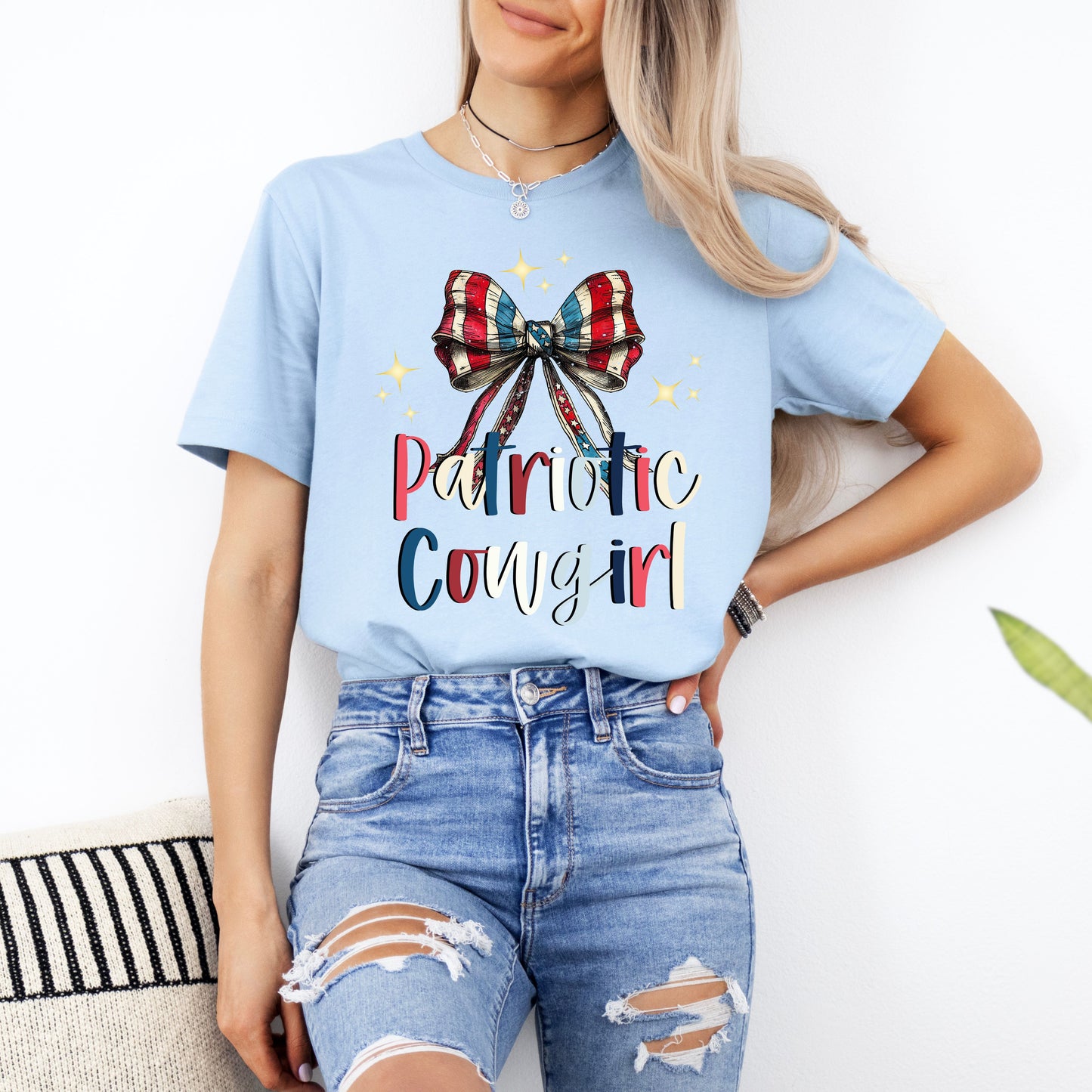 Patriotic Cowgirl Jersey Short Sleeve T-Shirt With Bow