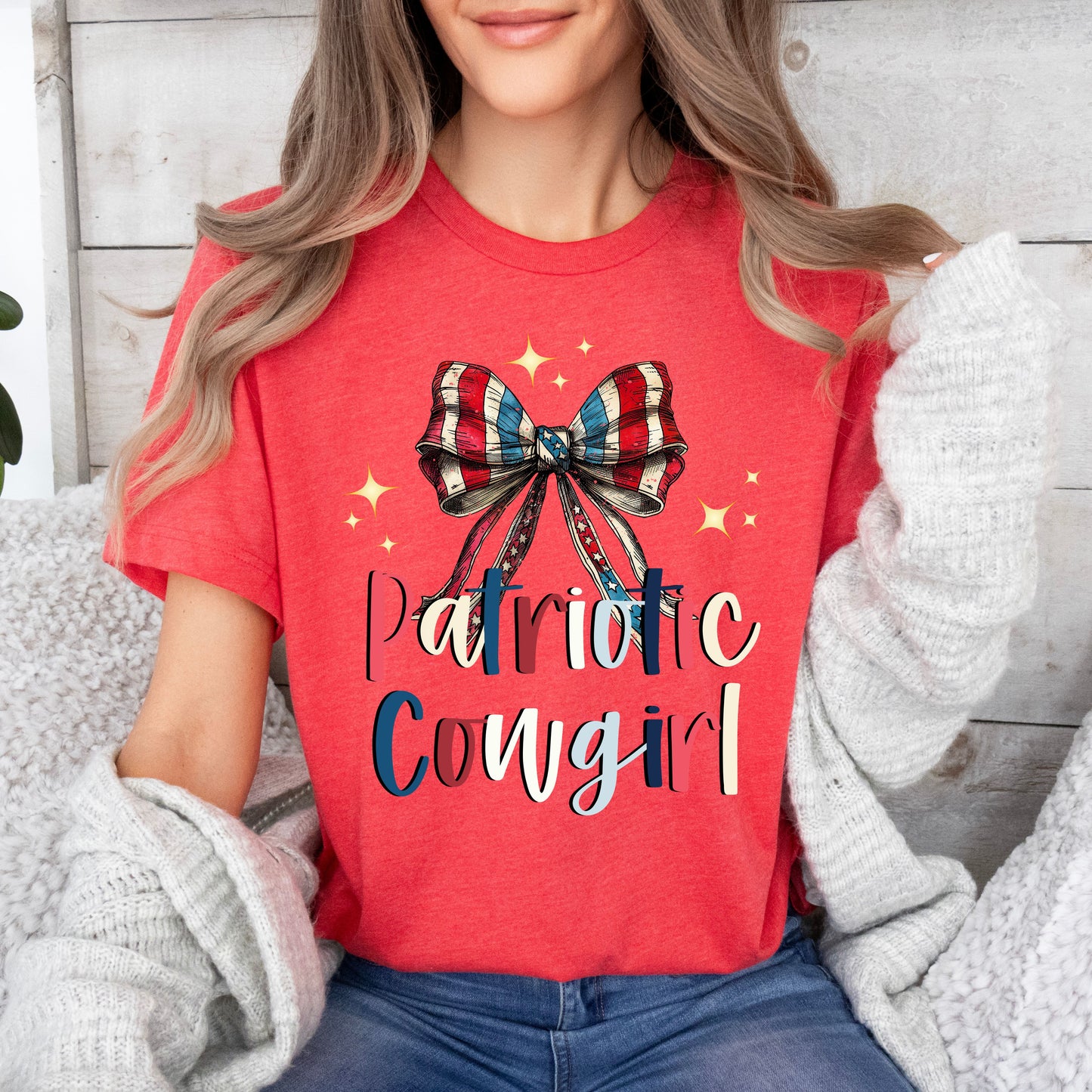 Patriotic Cowgirl Jersey Short Sleeve T-Shirt With Bow