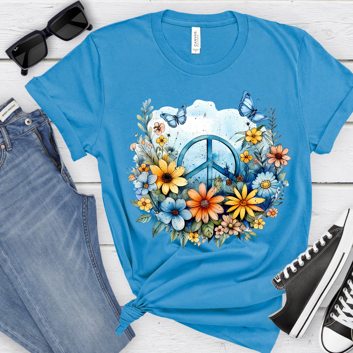 Peaceful Feelings:  Peace Sign Short Sleeve T-Shirt With Flowers and Butterflies
