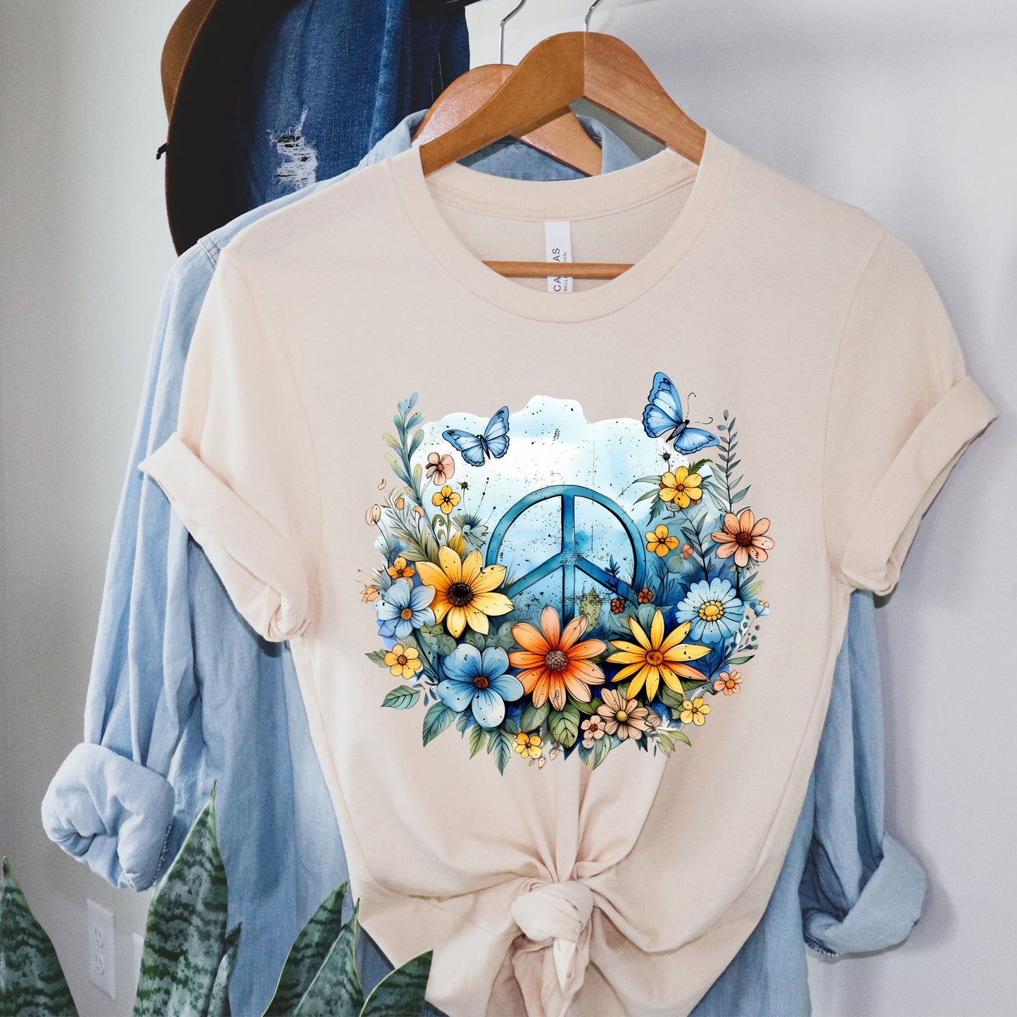 Peaceful Feelings:  Peace Sign Short Sleeve T-Shirt With Flowers and Butterflies