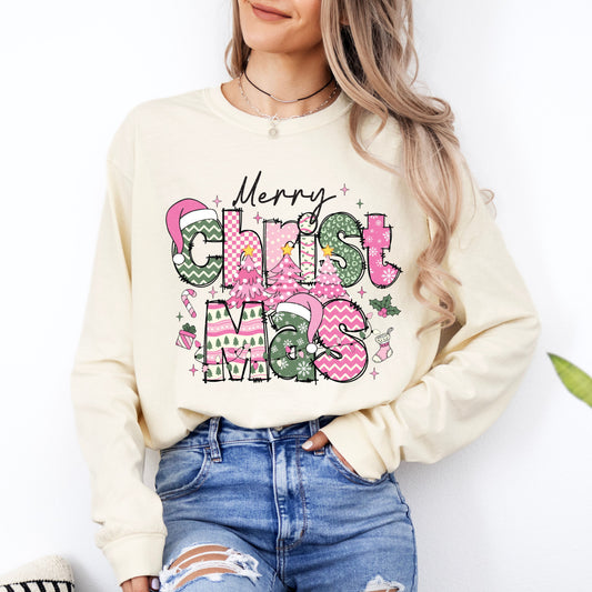 Fun Pink and Green Merry Christmas Long Sleeve T-Shirt