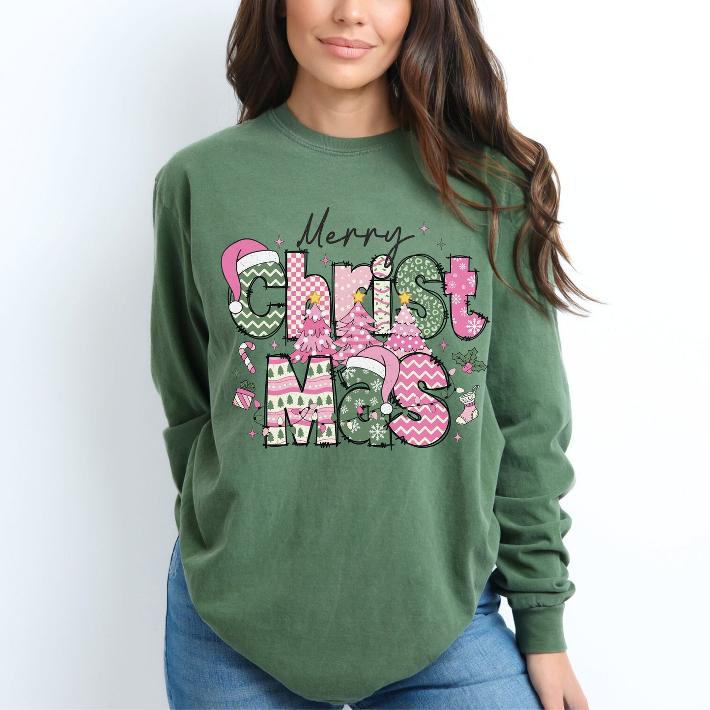 Fun Pink and Green Merry Christmas Long Sleeve T-Shirt