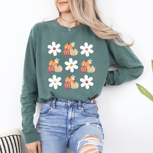 Pumpkins and Daisies Long Sleeve Comfort Colors T-Shirt