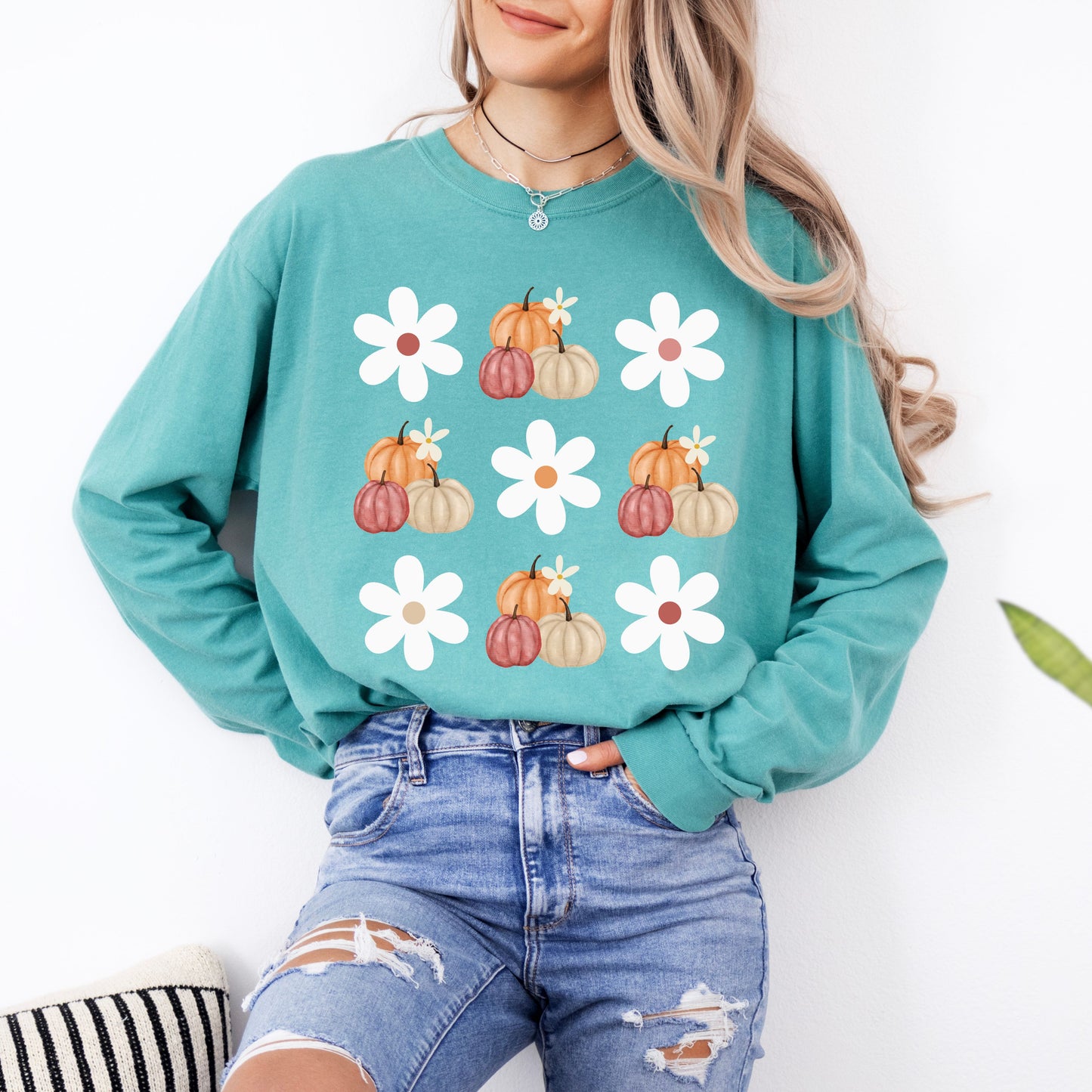 Pumpkins and Daisies Long Sleeve Comfort Colors T-Shirt