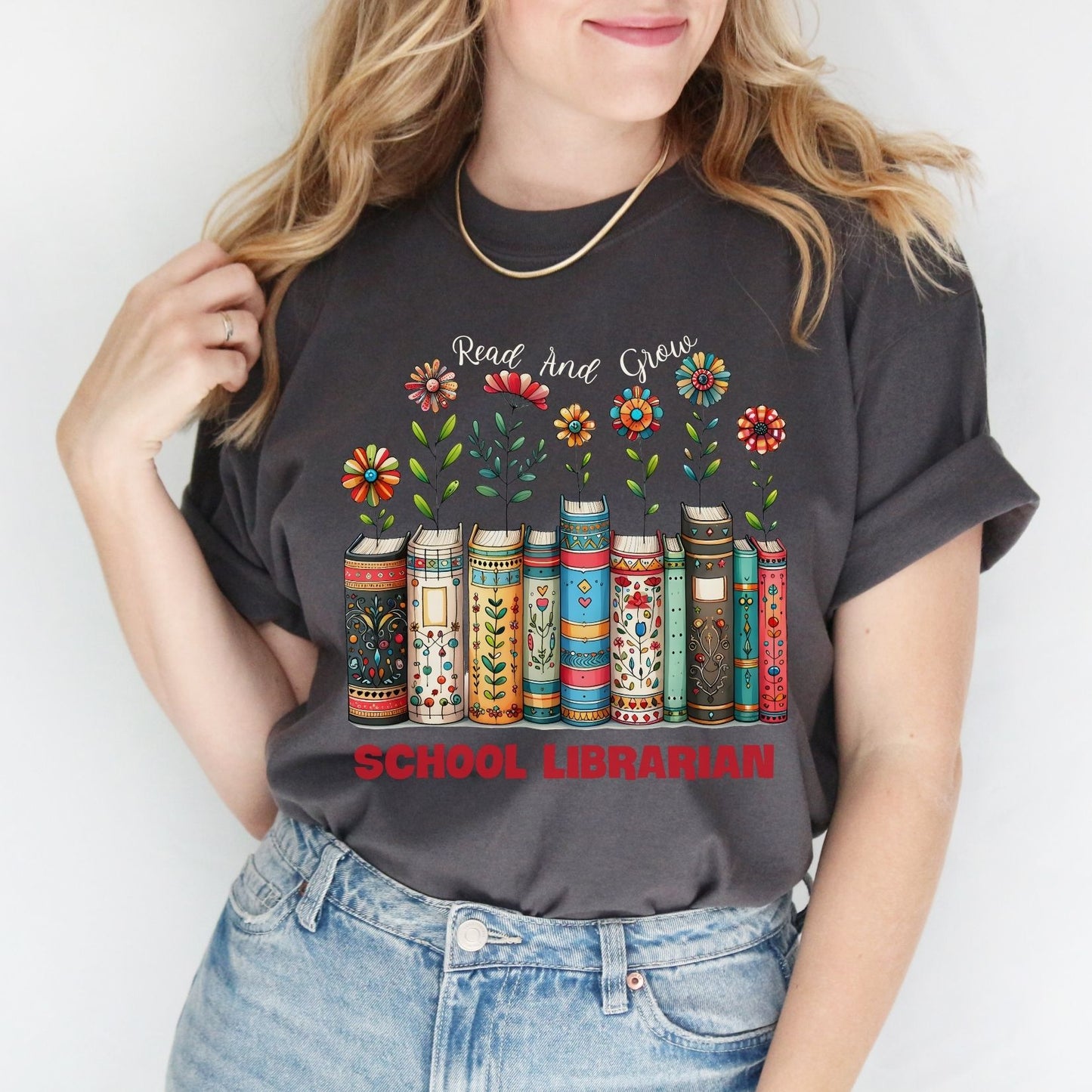 Read and Grow School Librarian T-Shirt With Books and Wildflowers