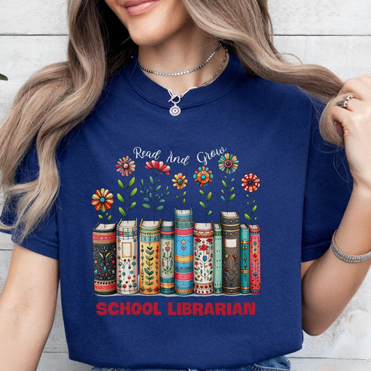 Read and Grow School Librarian T-Shirt With Books and Wildflowers