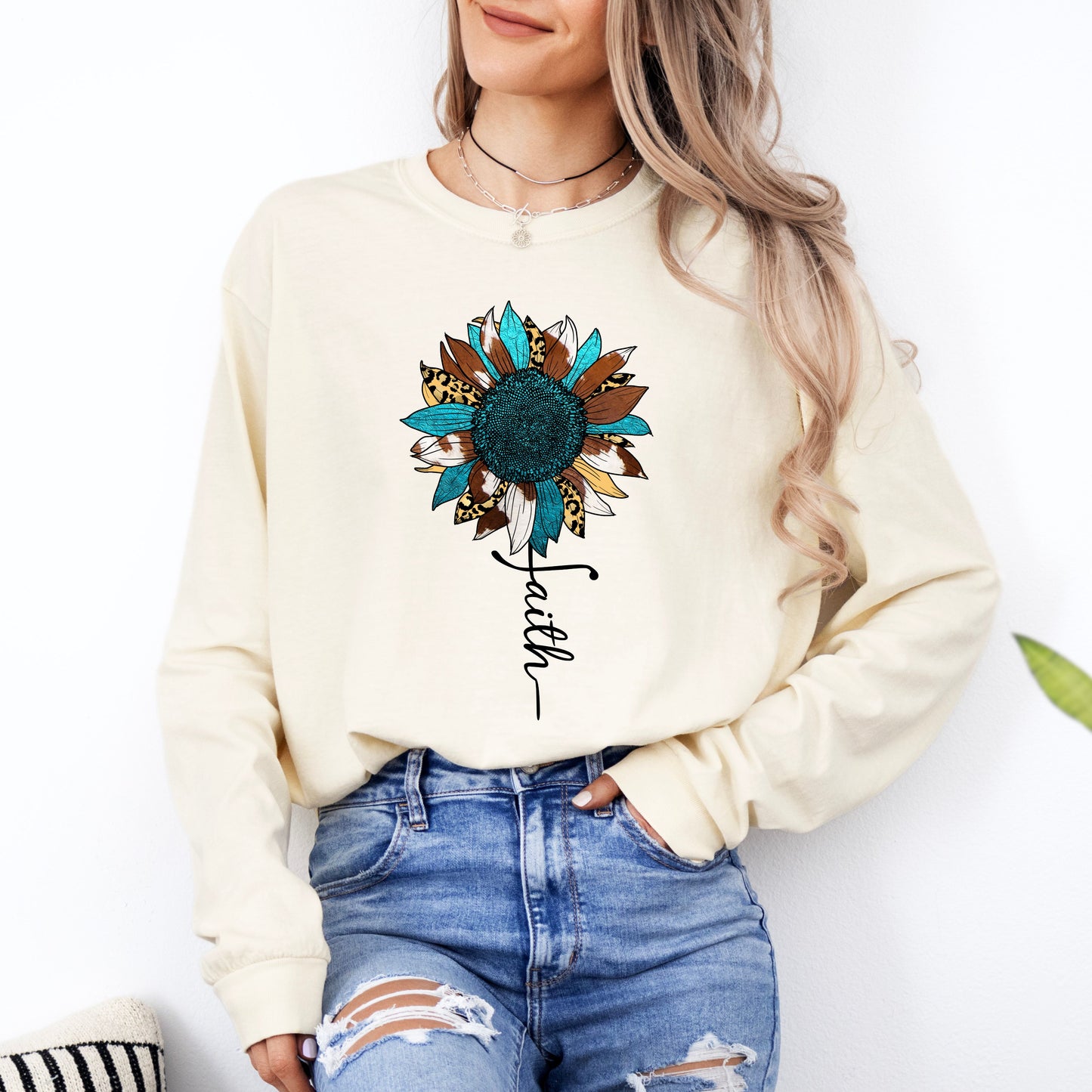 Colorful Sunflower with FAITH Stem Long Sleeve T-Shirt