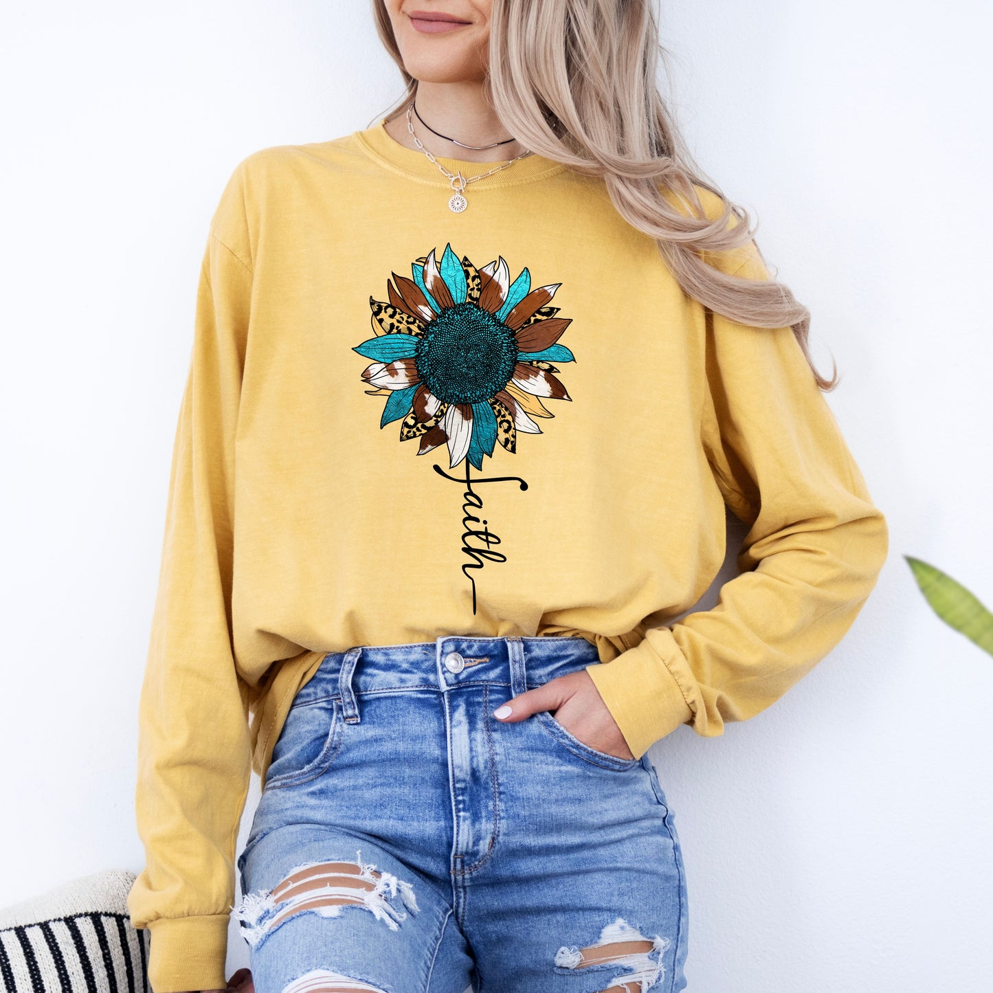 Colorful Sunflower with FAITH Stem Long Sleeve T-Shirt