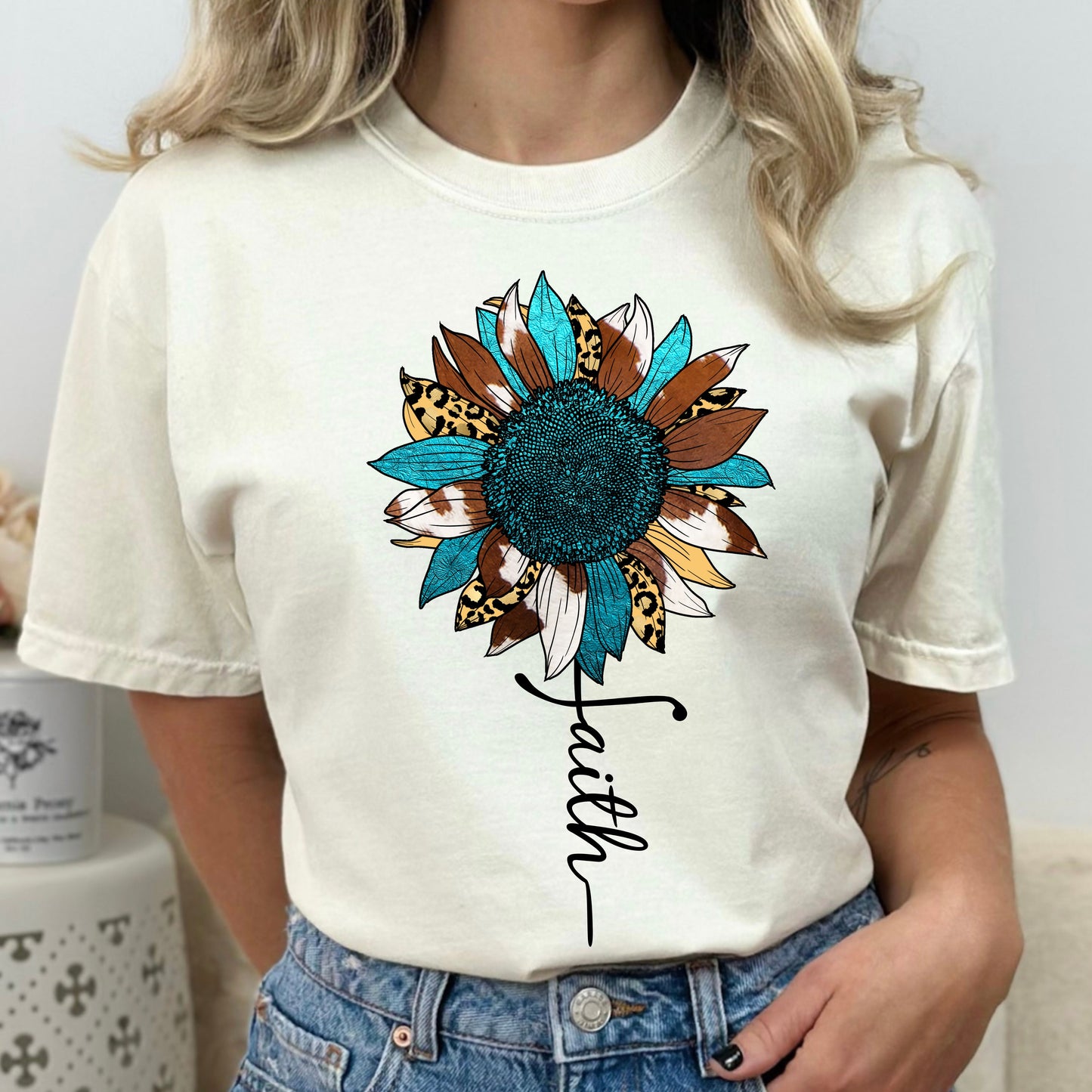 Colorful Sunflower with Faith Garment-Dyed T-shirt, Inspirational Tshirt, Inspiring T-shirt, Sunflower Tshirt, Gifts For Her, Mom Gift