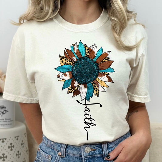 Colorful Sunflower with Faith Garment-Dyed T-shirt, Inspirational Tshirt, Inspiring T-shirt, Sunflower Tshirt, Gifts For Her, Mom Gift