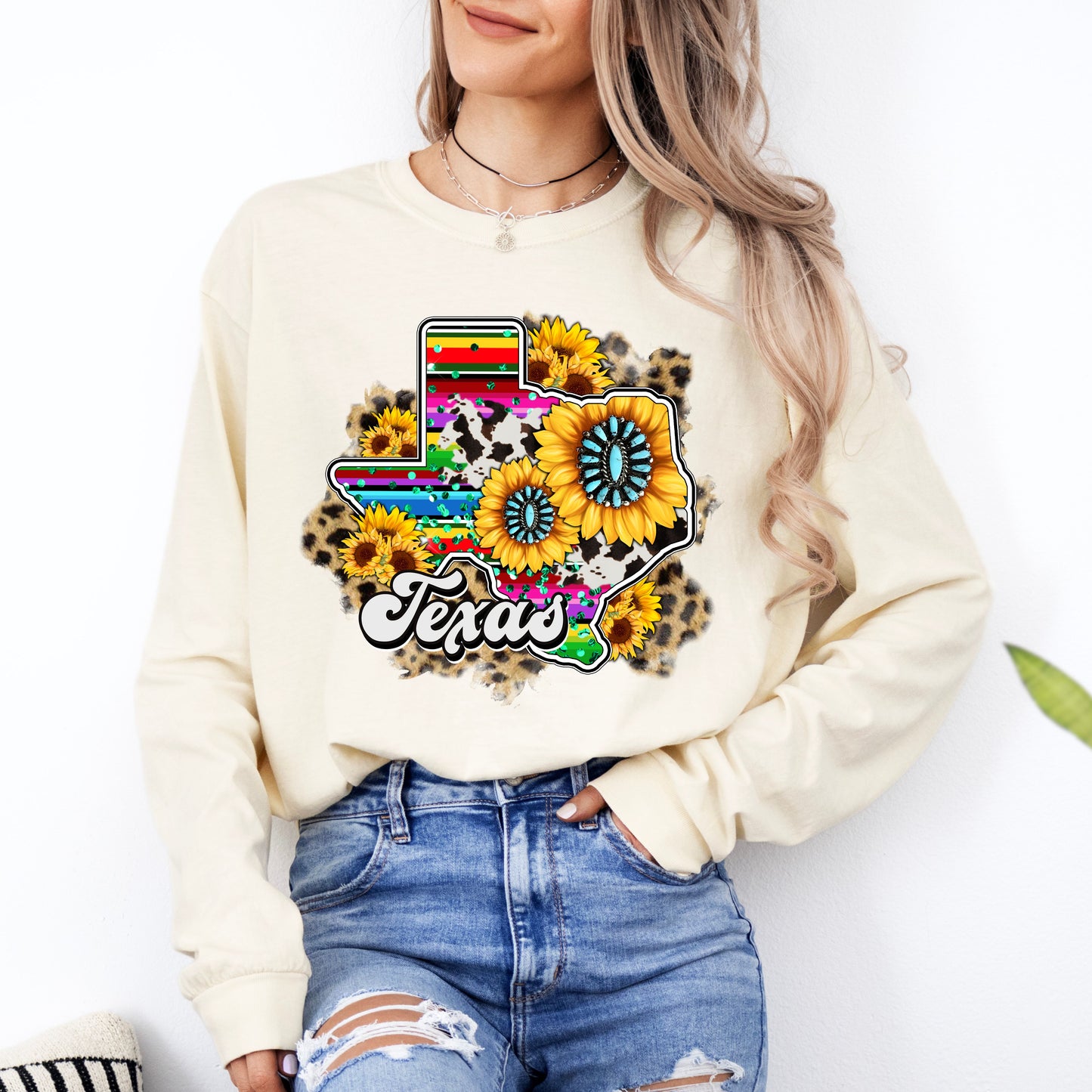 Beautiful Texas with Sunflowers and Serape Colors Long Sleeve T-Shirt