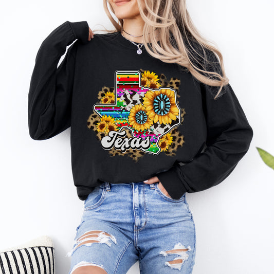 Beautiful Texas with Sunflowers and Serape Colors Long Sleeve T-Shirt