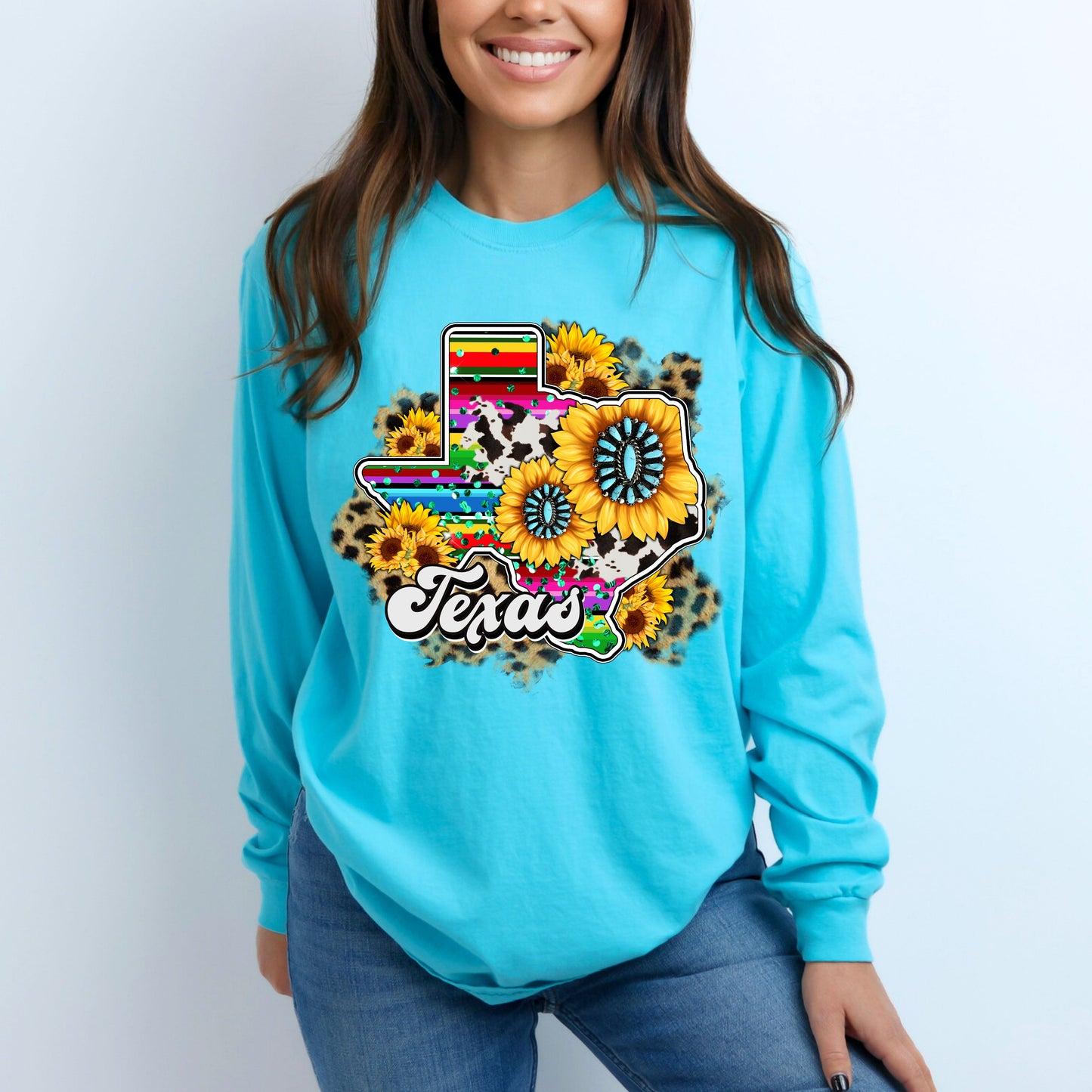 Beautiful Texas with Sunflowers and Serape Colors Long Sleeve T-Shirt