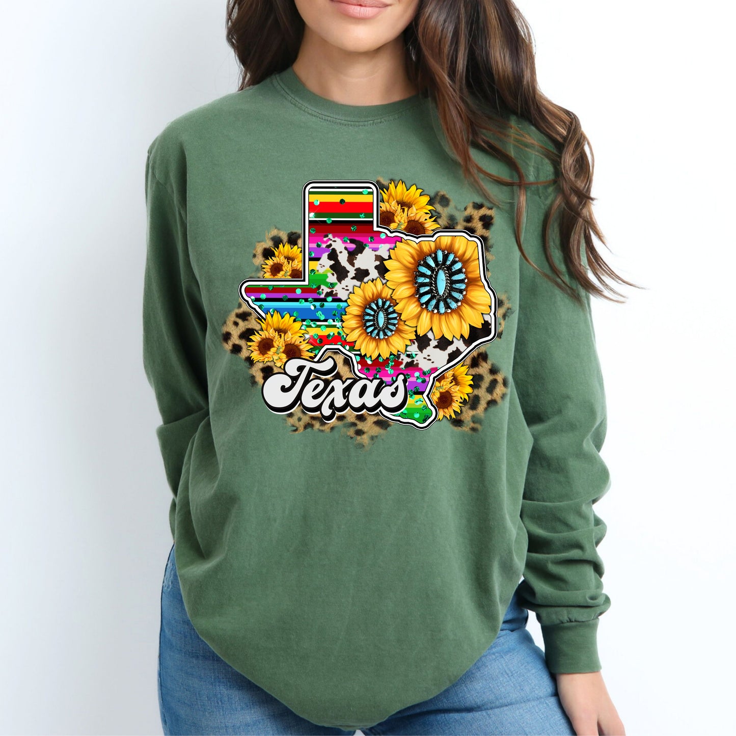 Beautiful Texas with Sunflowers and Serape Colors Long Sleeve T-Shirt