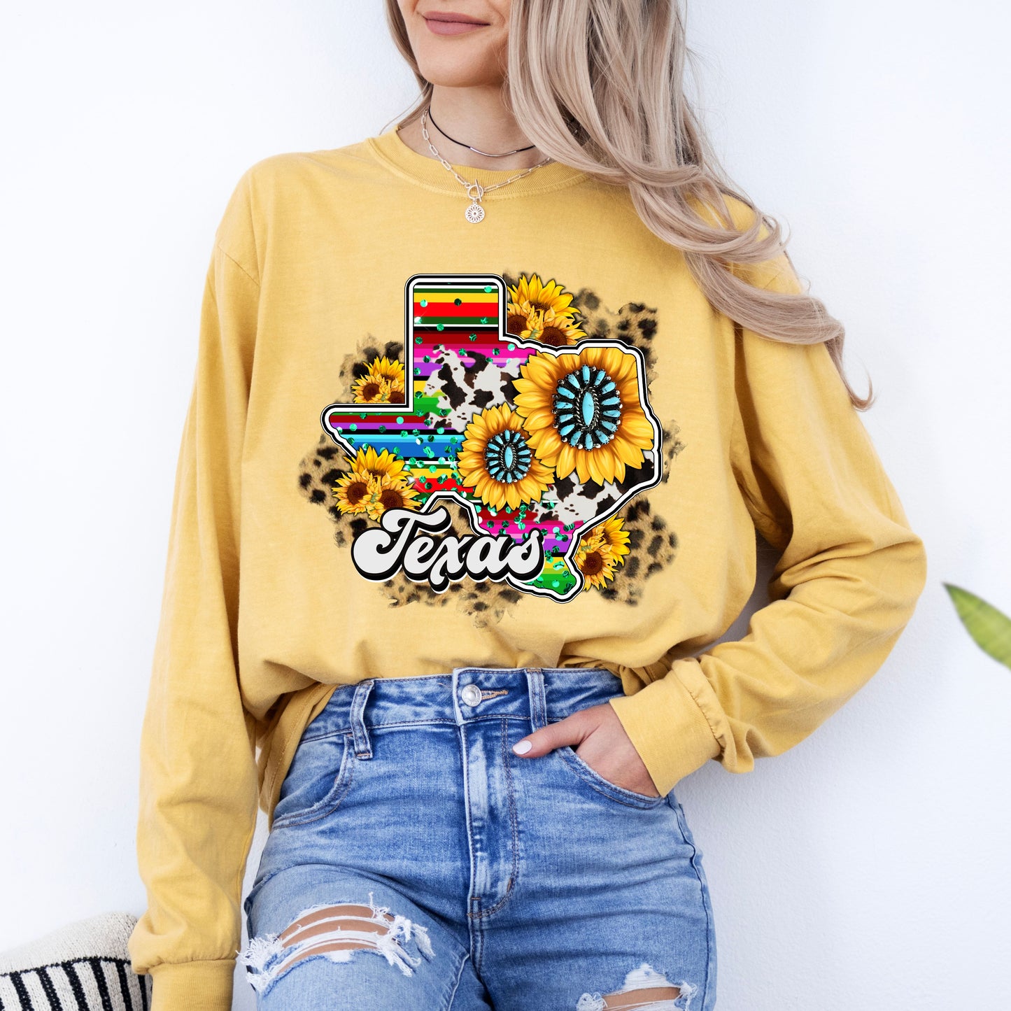 Beautiful Texas with Sunflowers and Serape Colors Long Sleeve T-Shirt