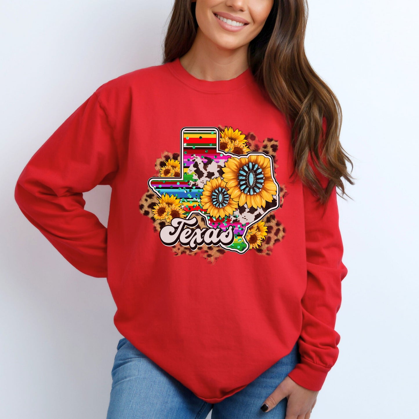 Beautiful Texas with Sunflowers and Serape Colors Long Sleeve T-Shirt