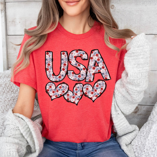 USA Short Sleeve T-Shirt With Colorful Floral Letters