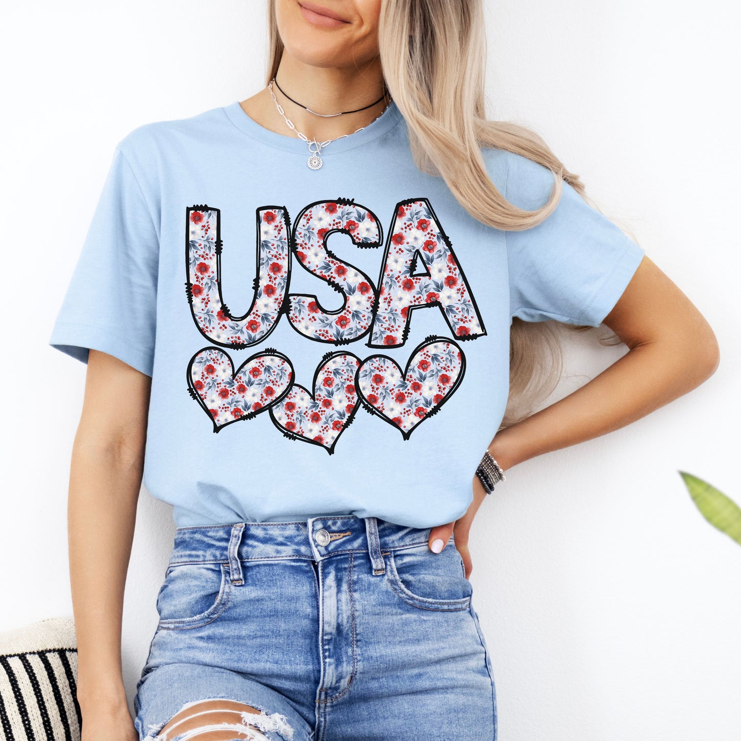 USA Short Sleeve T-Shirt With Colorful Floral Letters