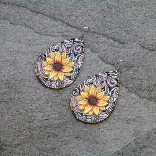 Leather Flower Teardrop Earrings, Lightweight Western Earrings