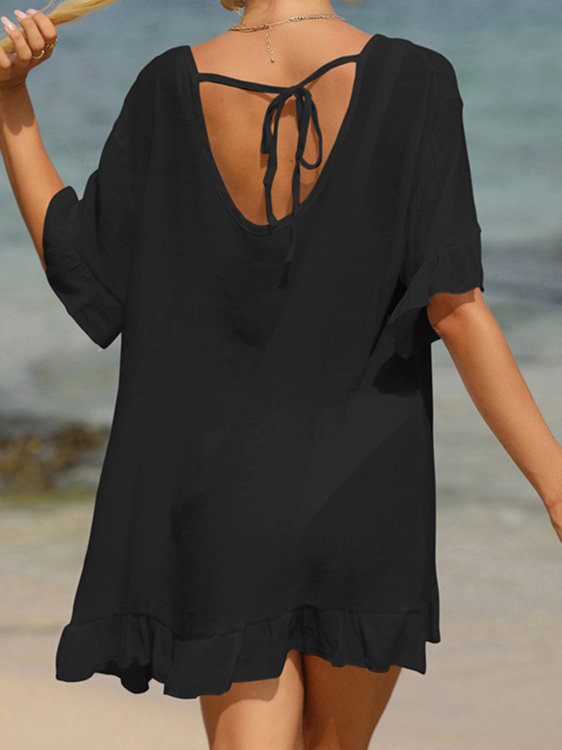 Dive Into Style:  Scoop Neck With Tie Back and Ruffle Sleeve Cover Up