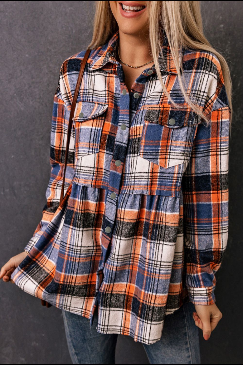 Plaid Long Sleeve Shirt with Gathered Bottom