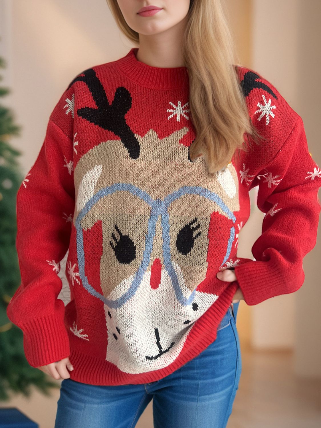 Reindeer With Glasses Dropped Shoulder Sweater