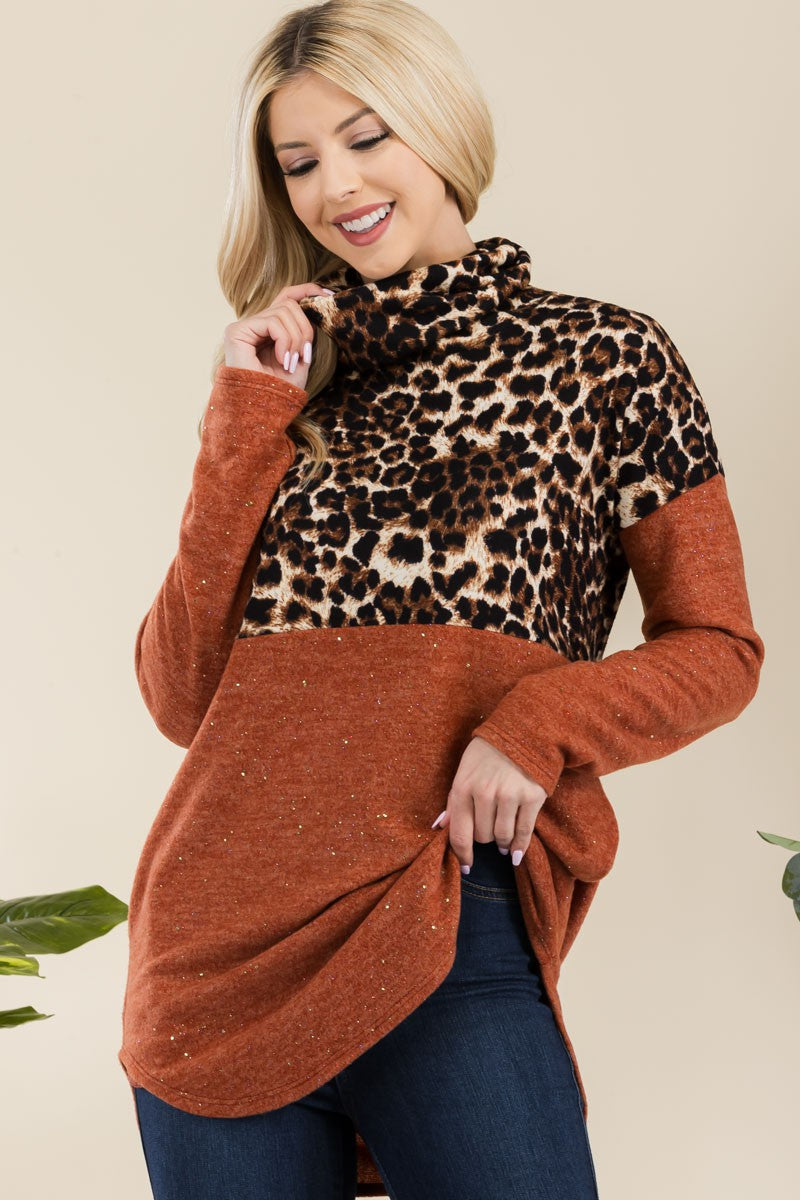 Leopard Turtleneck Long Sleeve Blouse with Curved Hem