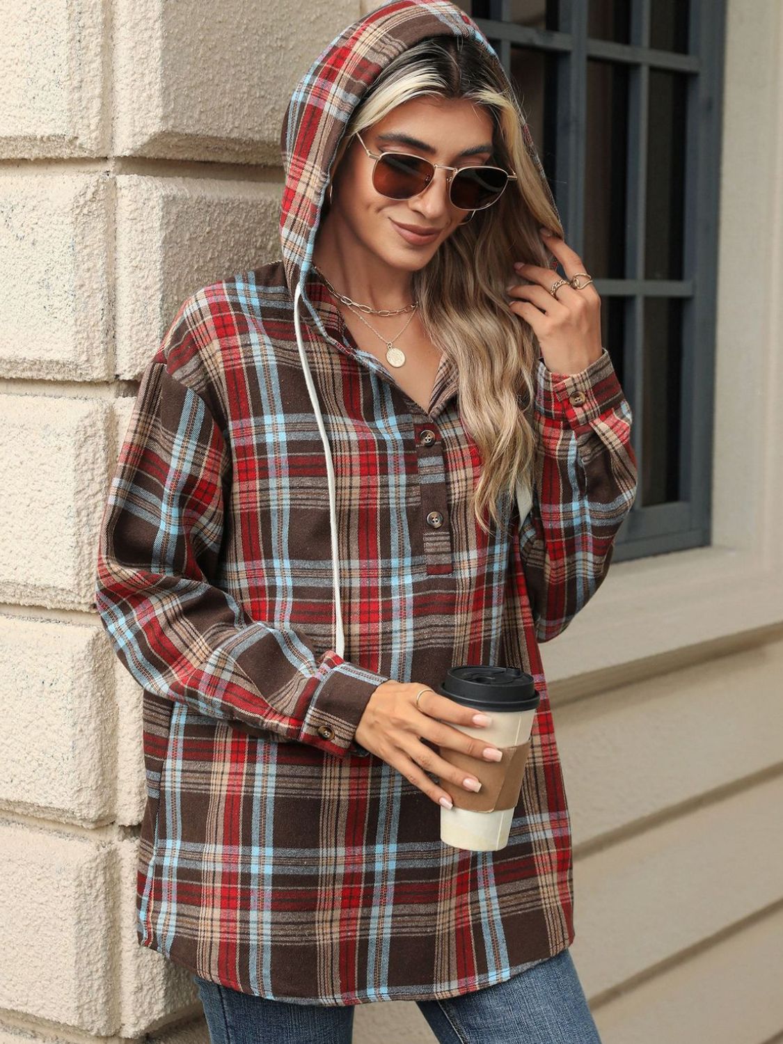 Hooded Plaid Top With Drawstring