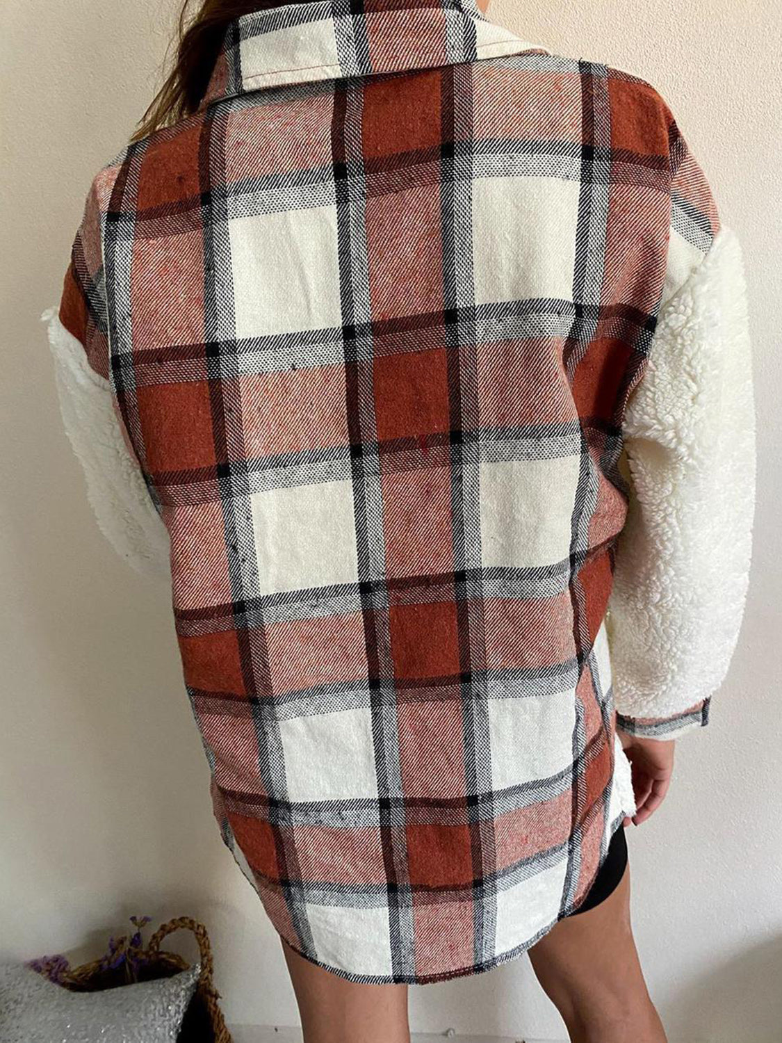 Fuzzy Button Up Jacket - Solid and Contrast Design Pattern on Back