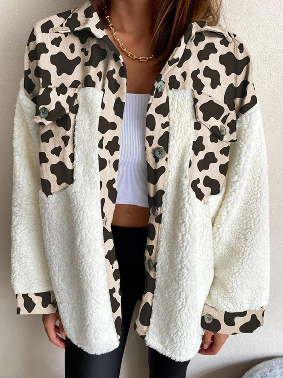 Fuzzy Button Up Jacket - Solid and Contrast Design Pattern on Back