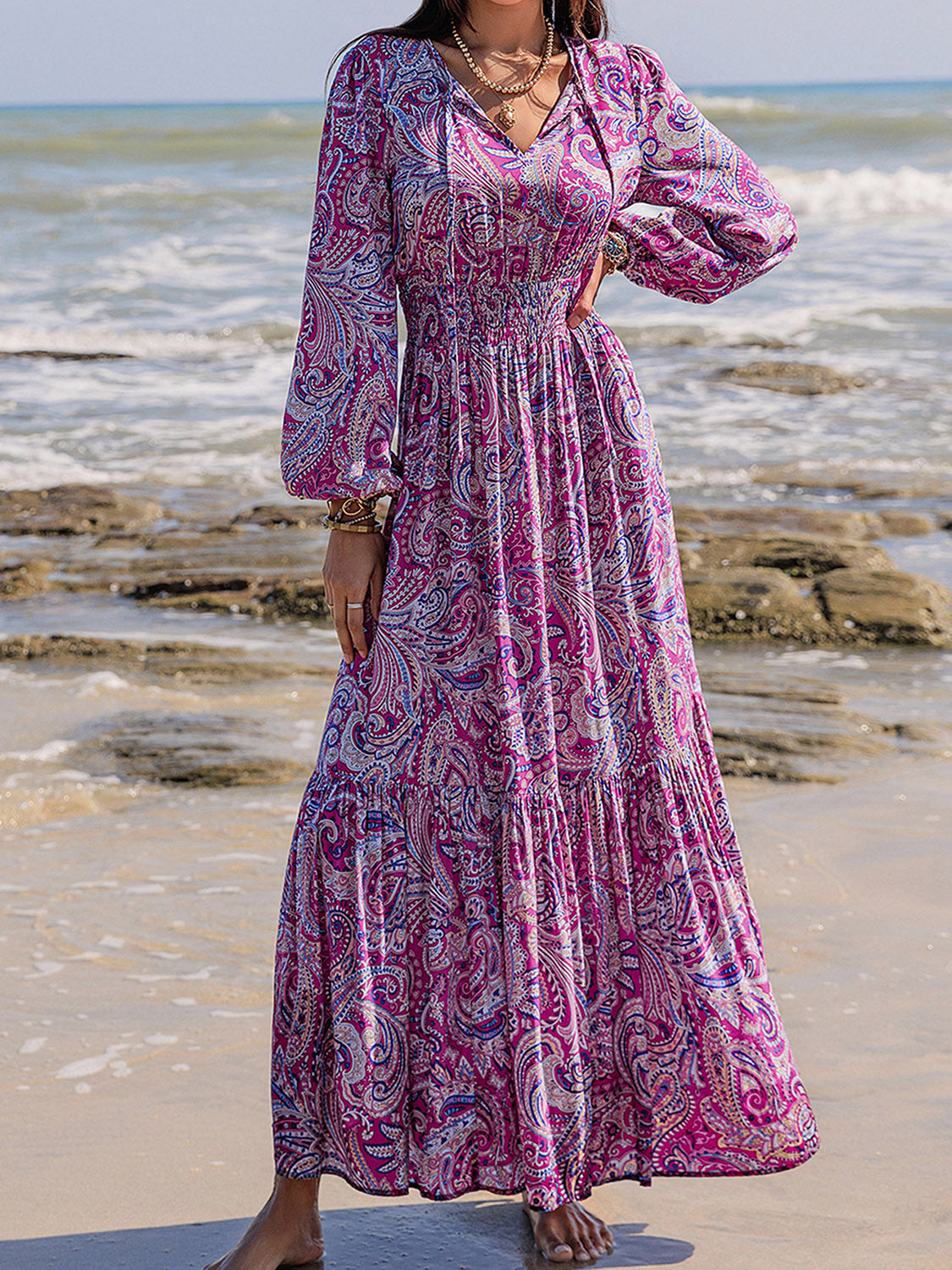 Beautiful Paisley Printed Tie Neck Balloon Sleeve Maxi Dress